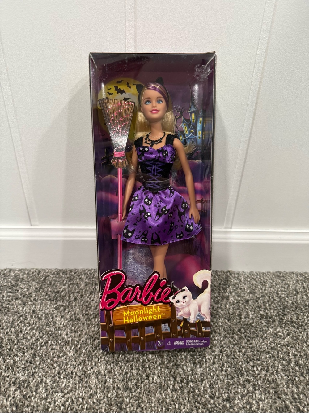 Barbie Halloween Doll in Purple Cat-Print Dress with Pink Broom